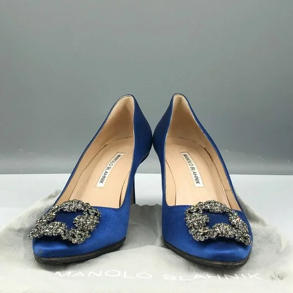 Manolo Blahnik Hangisi 70 Blue Satin Crystal Buckle Pumps 37.5 - Picture 4 of 7